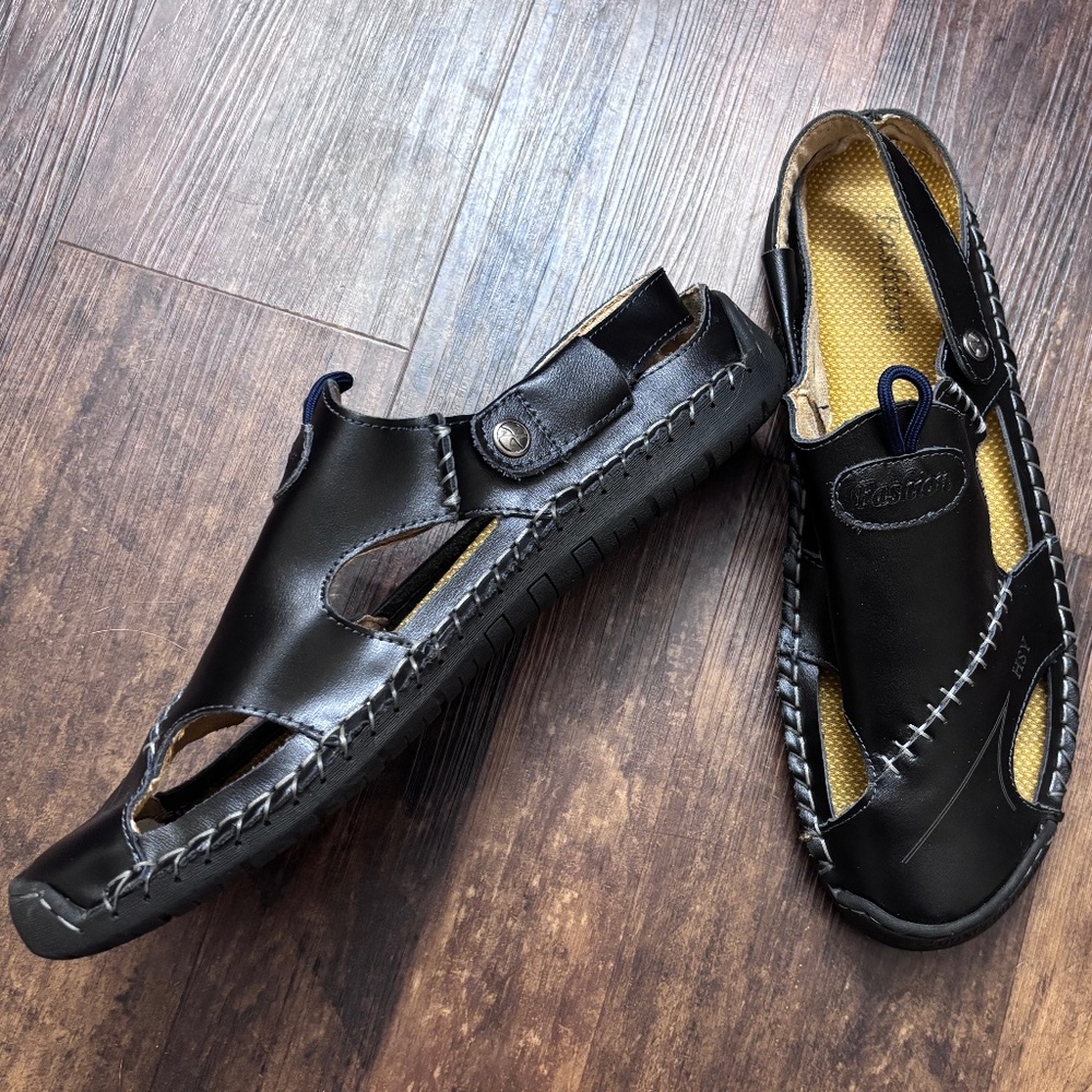 HSY Men's Sandal Fashion Slip On Black Leather Closed Toe Sandals Size 13 - Picture 2 of 7